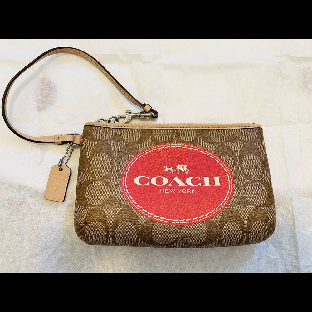 Large Coach Wristlet Brown and Red with Signature Logo
